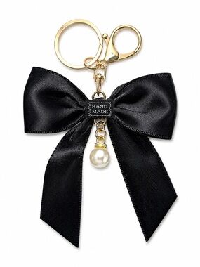 Black Satin Bow Pearl Bag Charm Keychain Coquette Purse Accessory